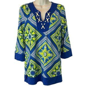 Island Republic Womens Tunic Top Paisley Embellished Neckline Blue Yellow Small